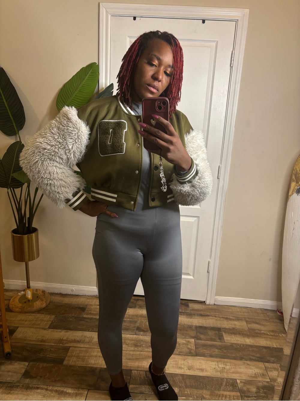 SHEIN Olive Green Varsity Jacket with Cream Faux Fur Sleeves